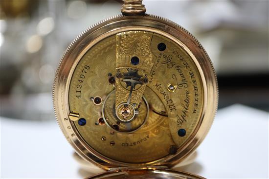 A 19th century engine turned gold plated Waltham hunter keyless pocket watch.